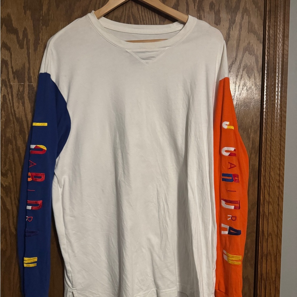 Jordan Men's White Shirt with Blue and Orange Sleeves